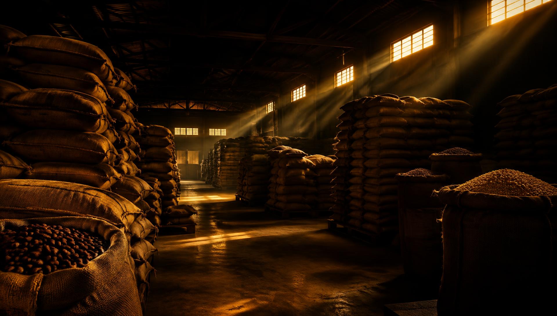 Sacks of agricultural commodities in a sunlit warehouse